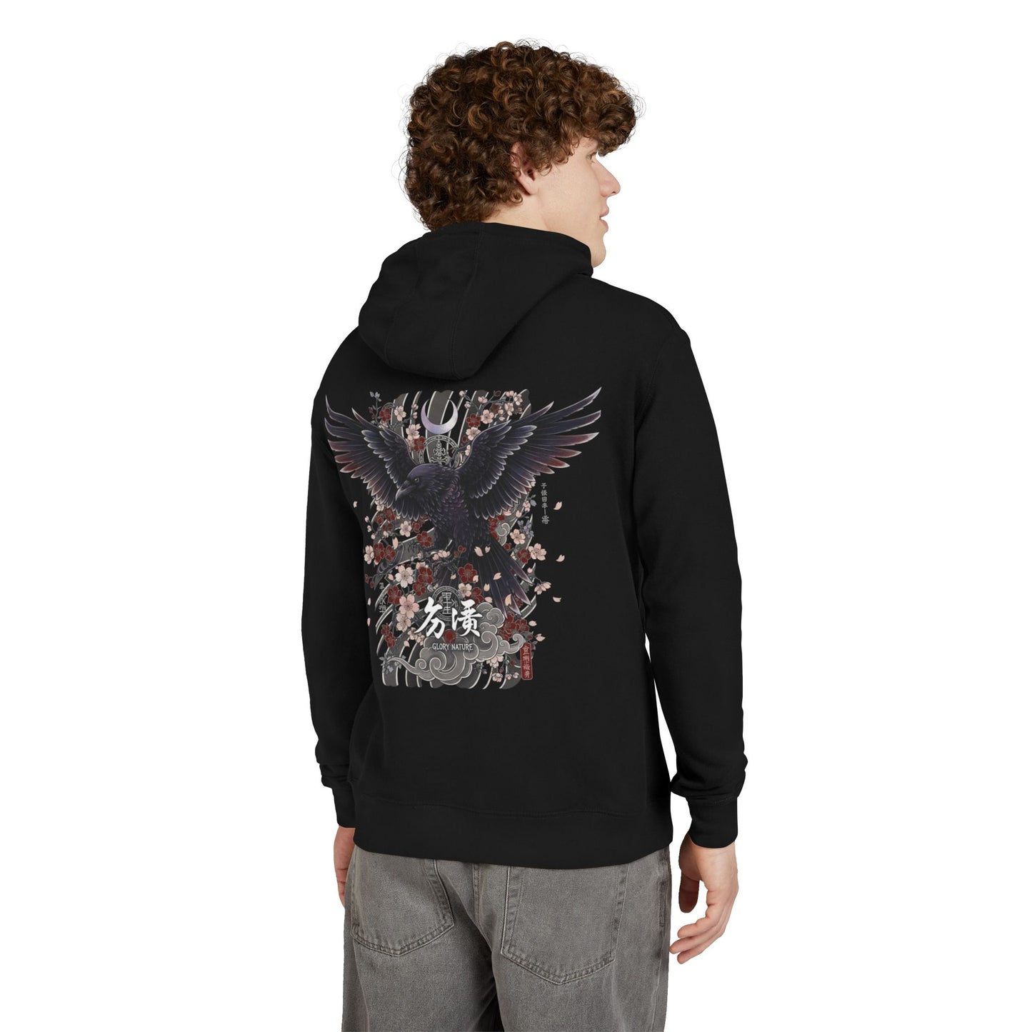 Raven & Cherry Blossom Hoodie — Japanese Crow Graphic Pullover