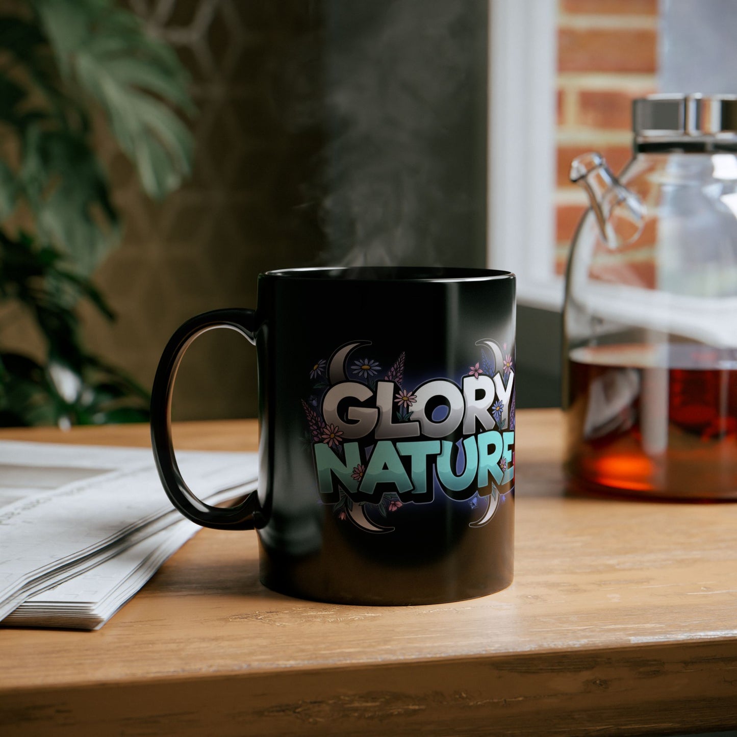 Blue Wolf Floral Mug — 'Glory & Nature' Black Coffee Cup (11oz/15oz)