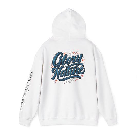 Glory Nature Hoodie — Vintage Script Back with Flaming Heart Graphic (Pulse of Steel)