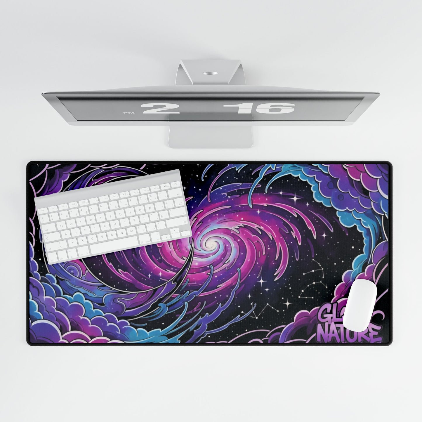 Galaxy Swirl Desk Mat — Purple Cosmic Mousepad with 'Glory Nature' Artwork