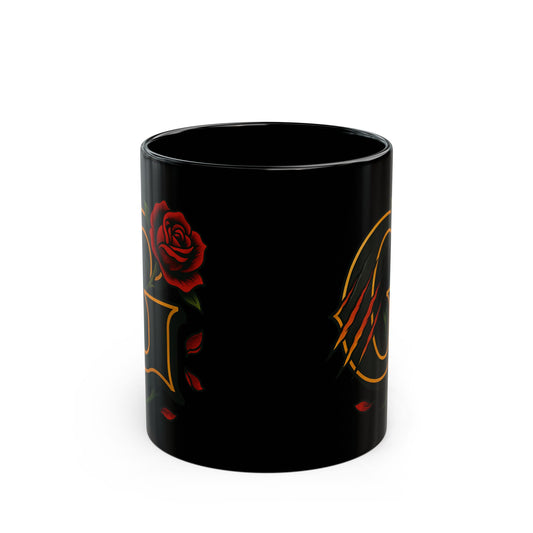 G Rose Monogram Black Mug — Elegant Floral Initial Coffee Cup (11oz & 15oz)