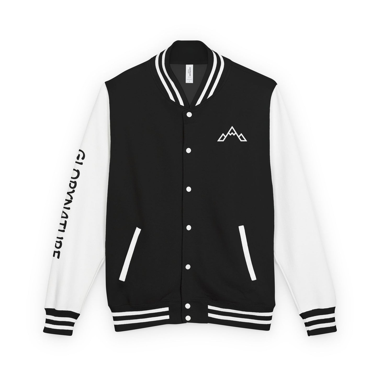 Letterman Jacket – Black & White Mountain Logo Varsity Jacket with 'GLORYNATURE' Sleeve