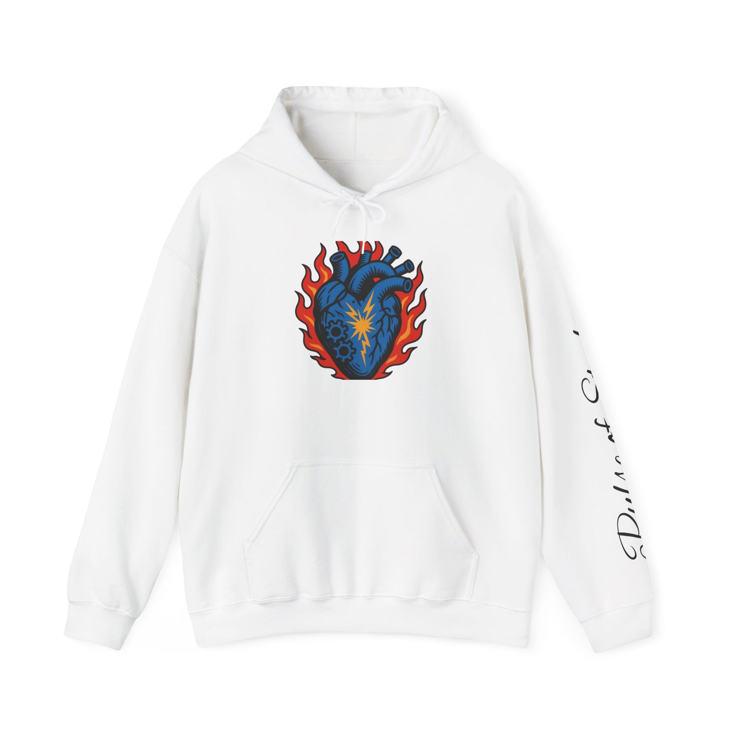 Glory Nature Hoodie — Vintage Script Back with Flaming Heart Graphic (Pulse of Steel)