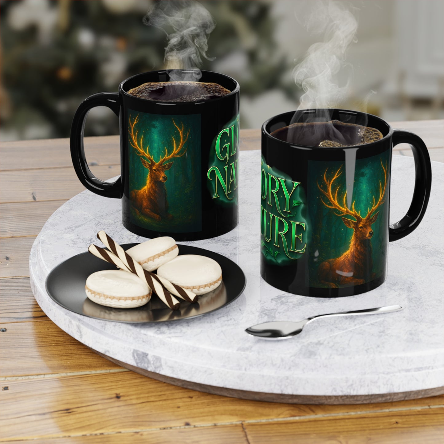 Glory Nature Coffee Mug — Green Woodland Deer 11oz Black Ceramic