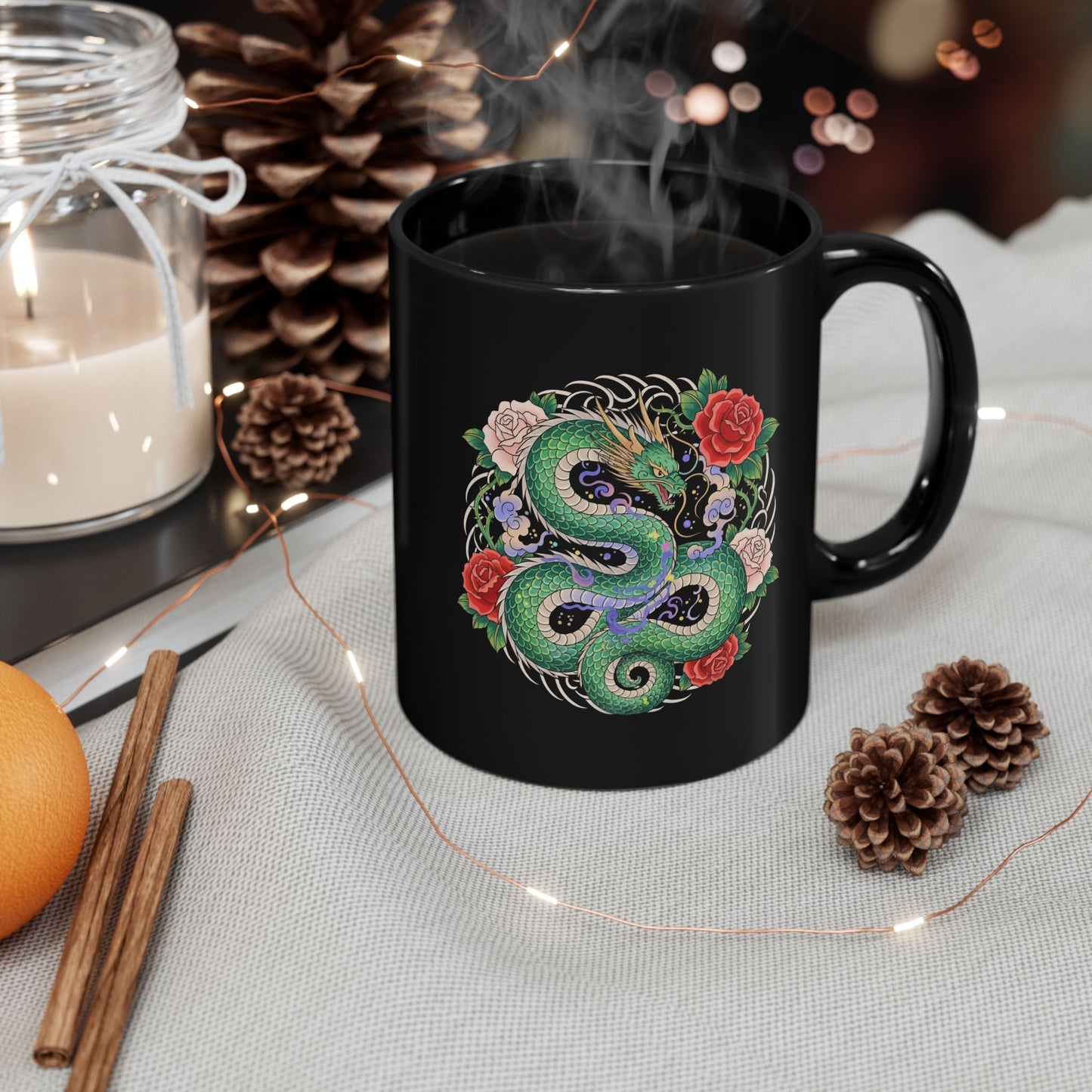 Green Snake Floral Black Mug — 11oz/15oz Ceramic Coffee Cup