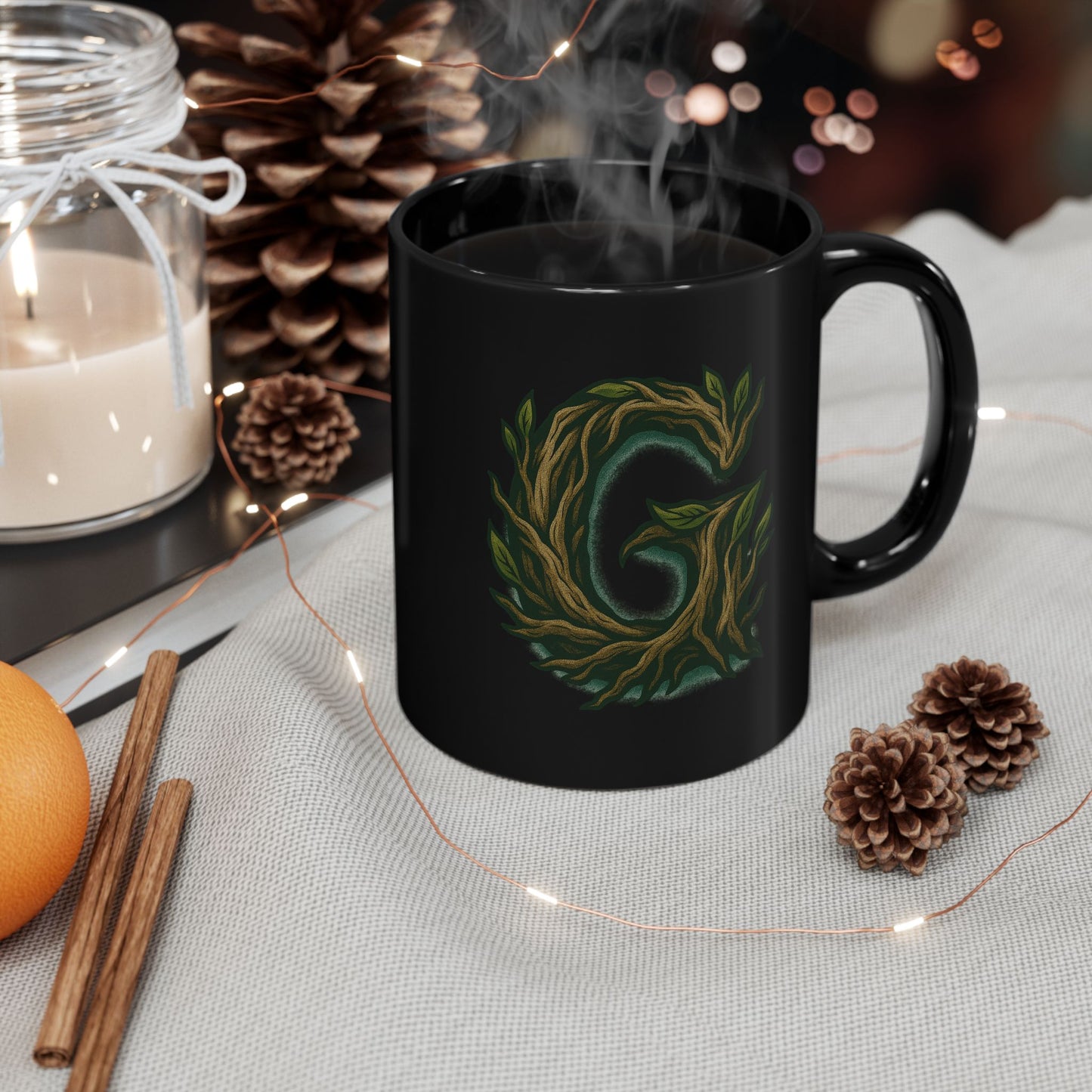 Green Vine Monogram Mug — Letter G Botanical Coffee Cup (11oz, 15oz)