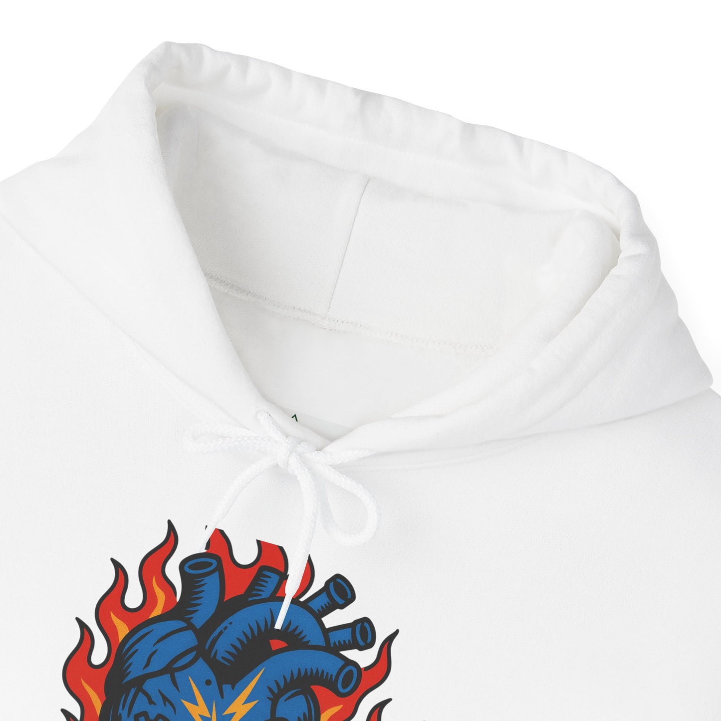 Glory Nature Hoodie — Vintage Script Back with Flaming Heart Graphic (Pulse of Steel)