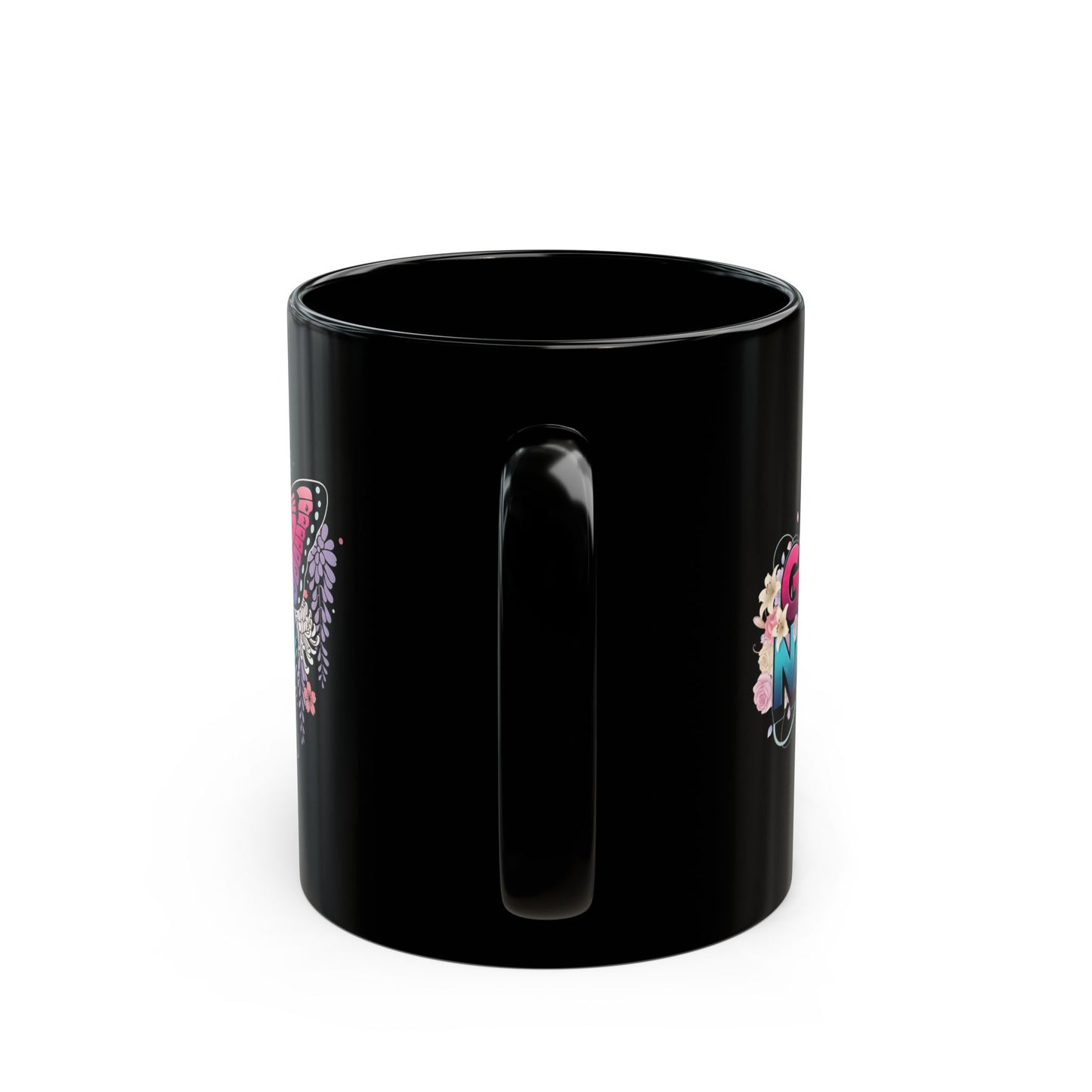 Butterfly Floral Black Mug — Gradient Pink & Blue Butterfly Coffee Cup (11oz, 15oz)