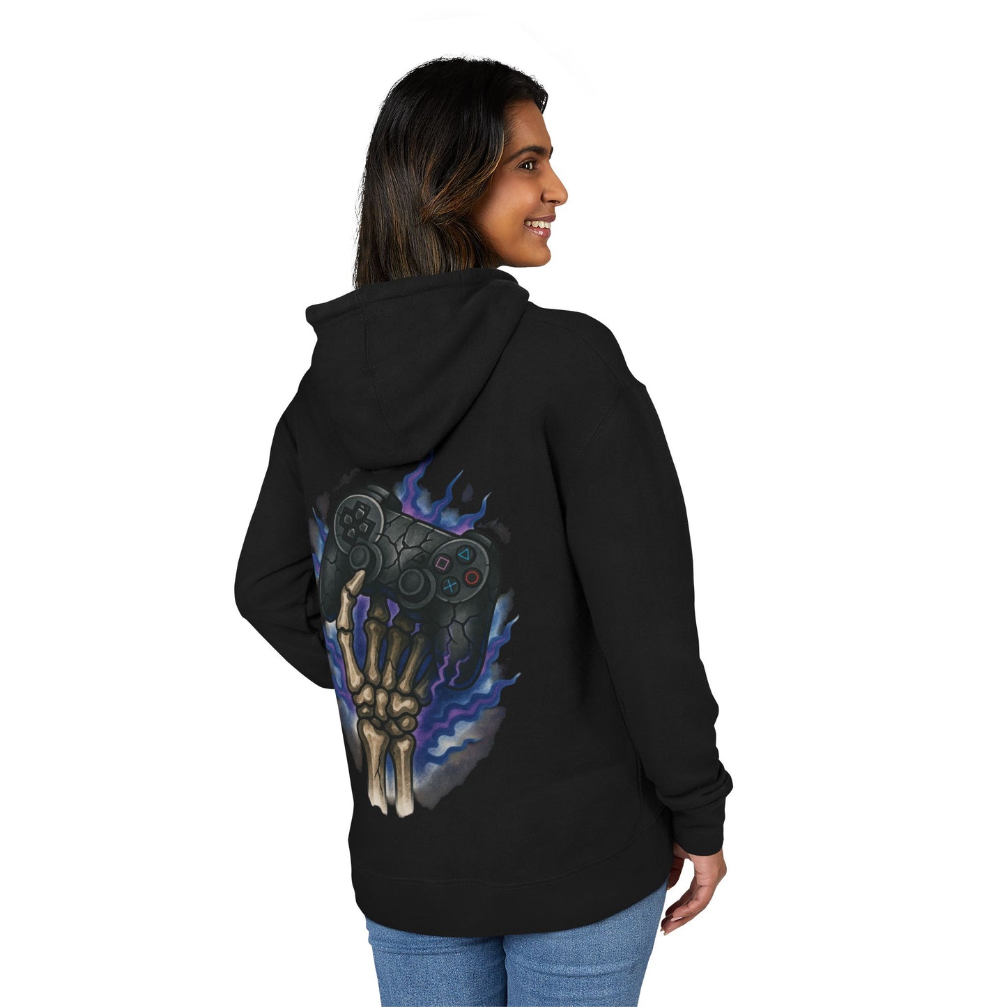 Gaming Skeleton Hoodie — Skeleton Hand Holding Retro Controller Graphic Hoodie