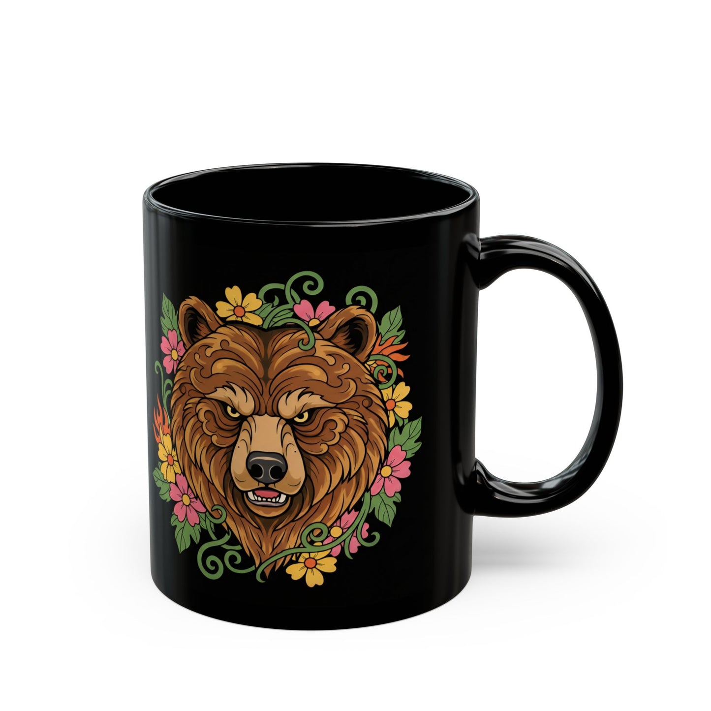 Bear Nature Coffee Mug — Floral Bear Head Black Ceramic Mug (11oz & 15oz)