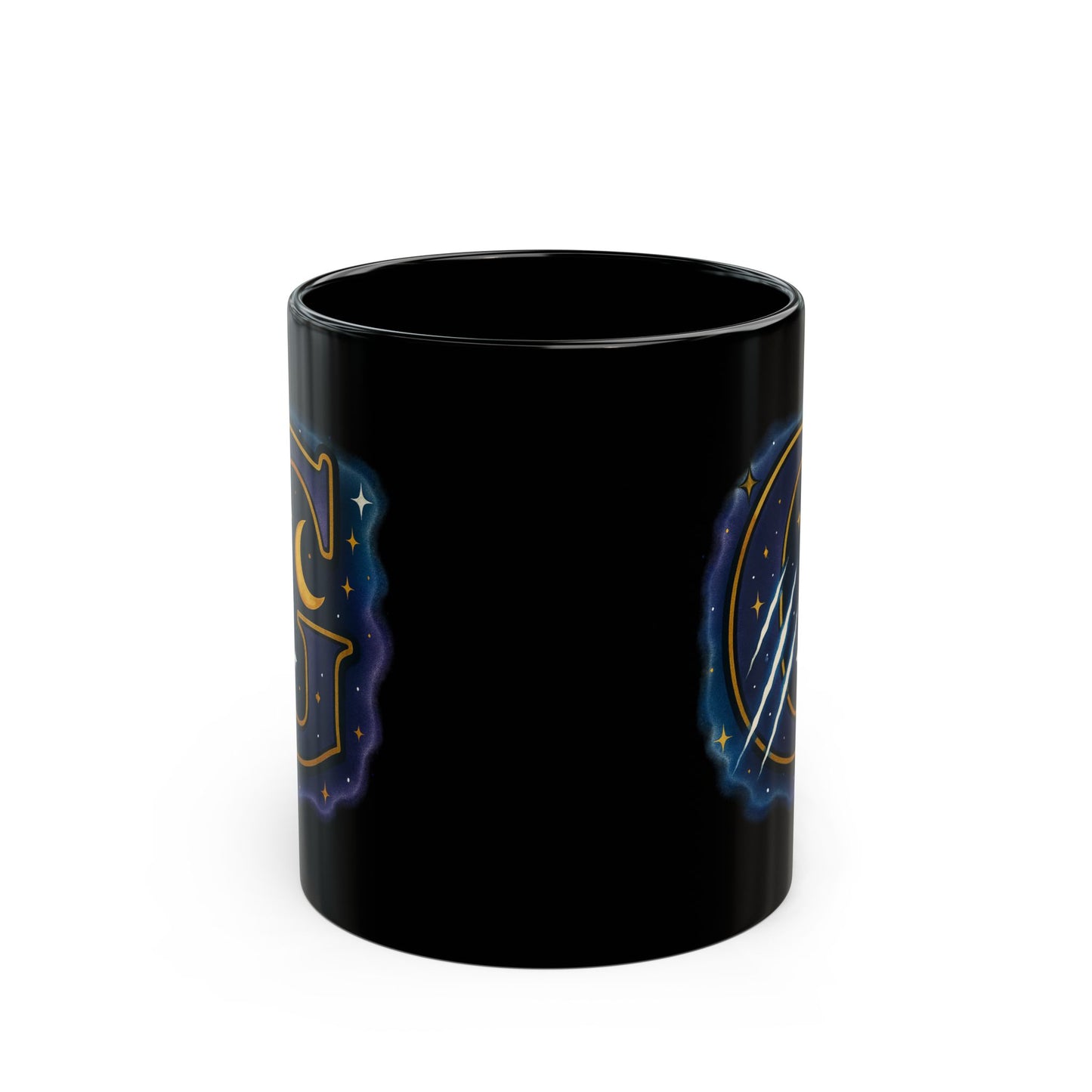 Celestial 'G' Monogram Black Mug — Starry Moon Initial Coffee Cup