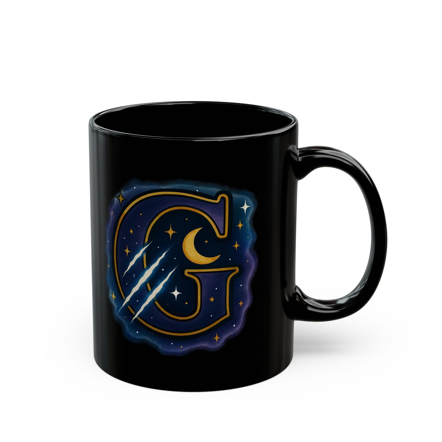 Celestial 'G' Monogram Black Mug — Starry Moon Initial Coffee Cup
