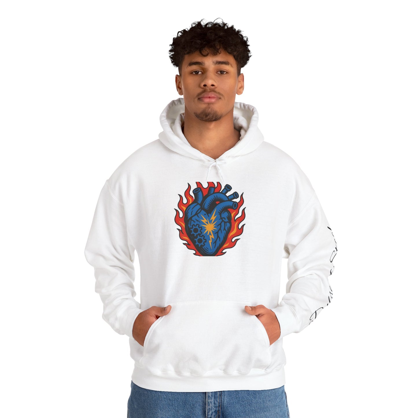 Glory Nature Hoodie — Vintage Script Back with Flaming Heart Graphic (Pulse of Steel)