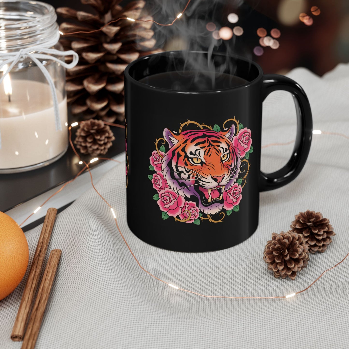 Tiger Rose Coffee Mug — Floral Tiger Head Black Ceramic Mug (11oz, 15oz)