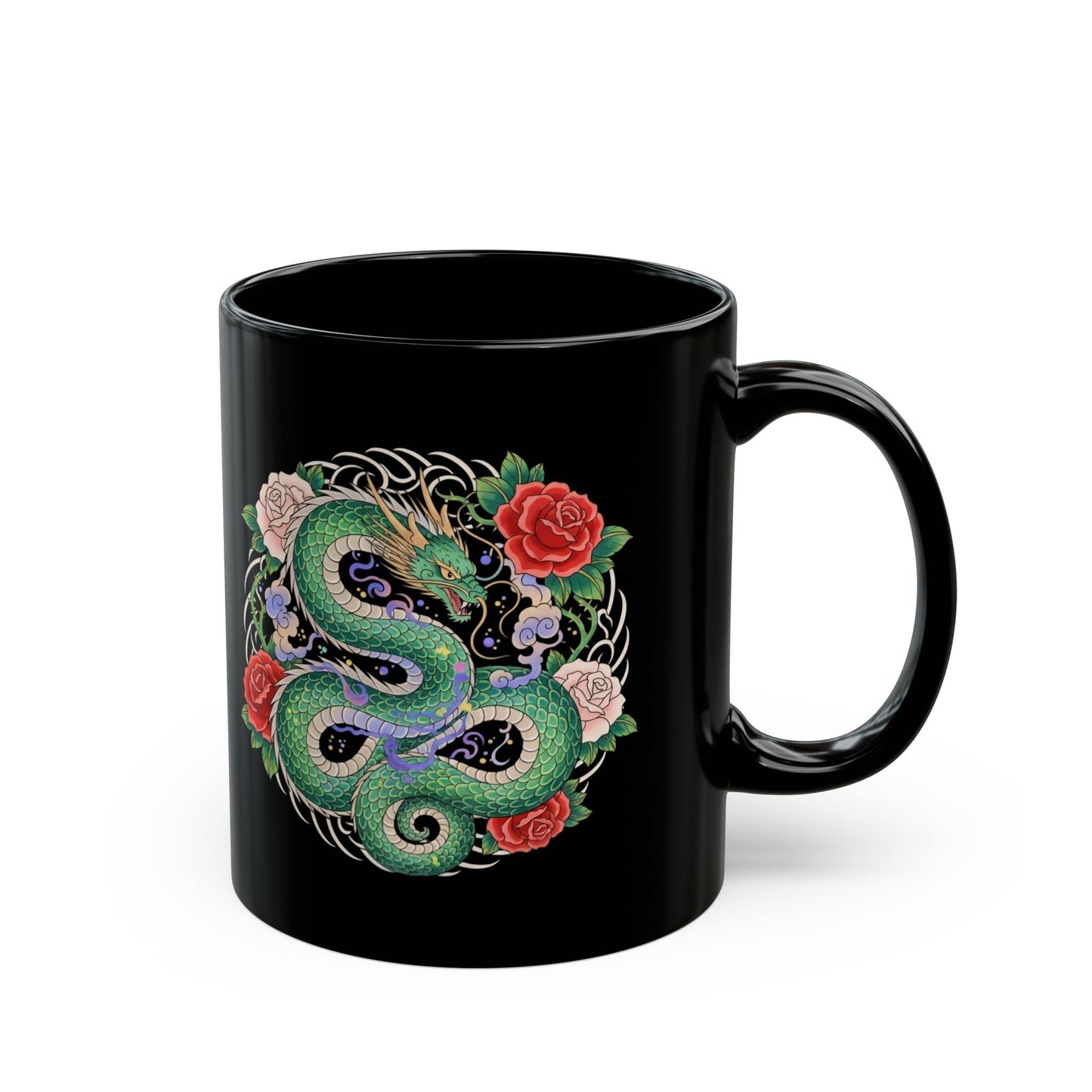 Green Snake Floral Black Mug — 11oz/15oz Ceramic Coffee Cup