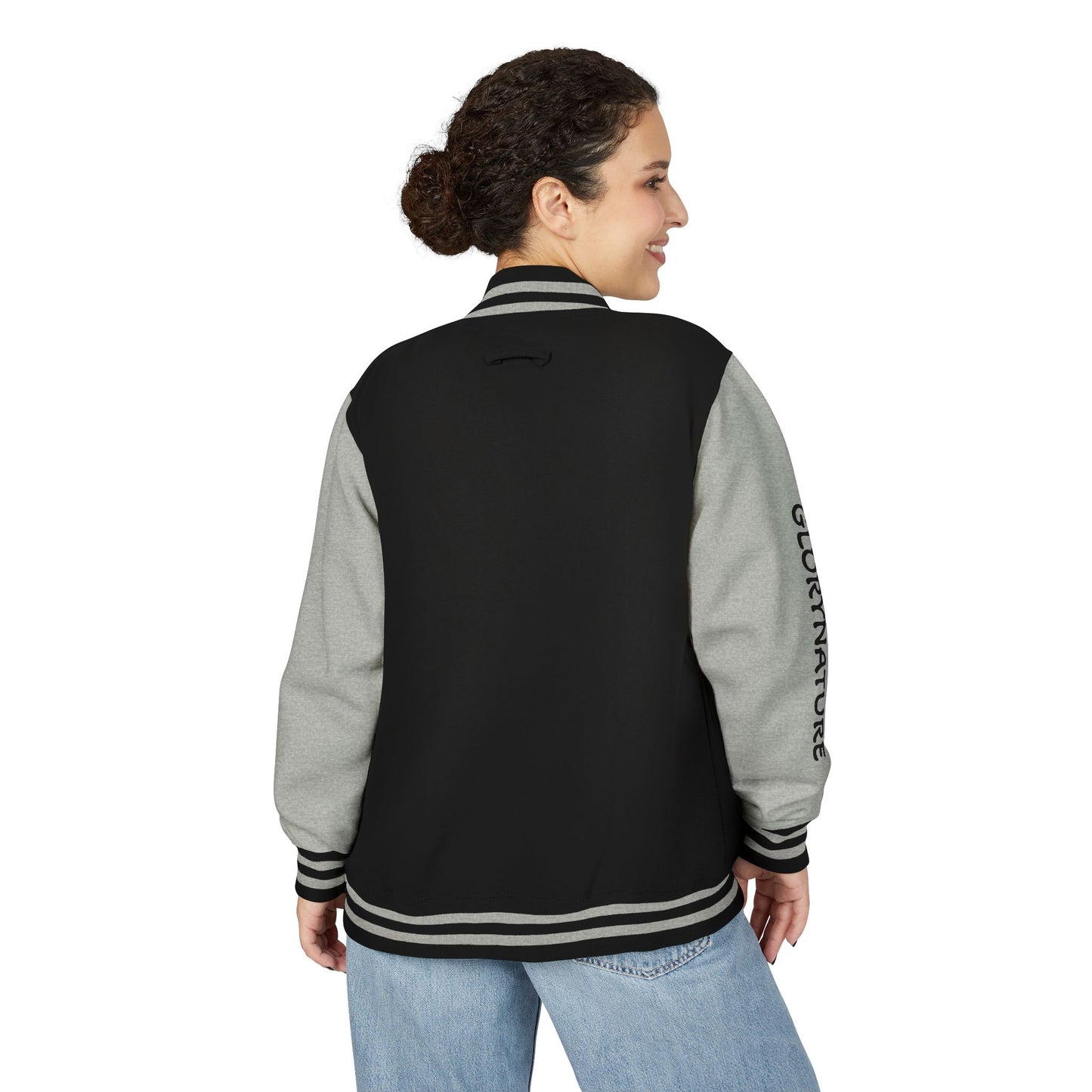 Letterman Jacket – Black & White Mountain Logo Varsity Jacket with 'GLORYNATURE' Sleeve