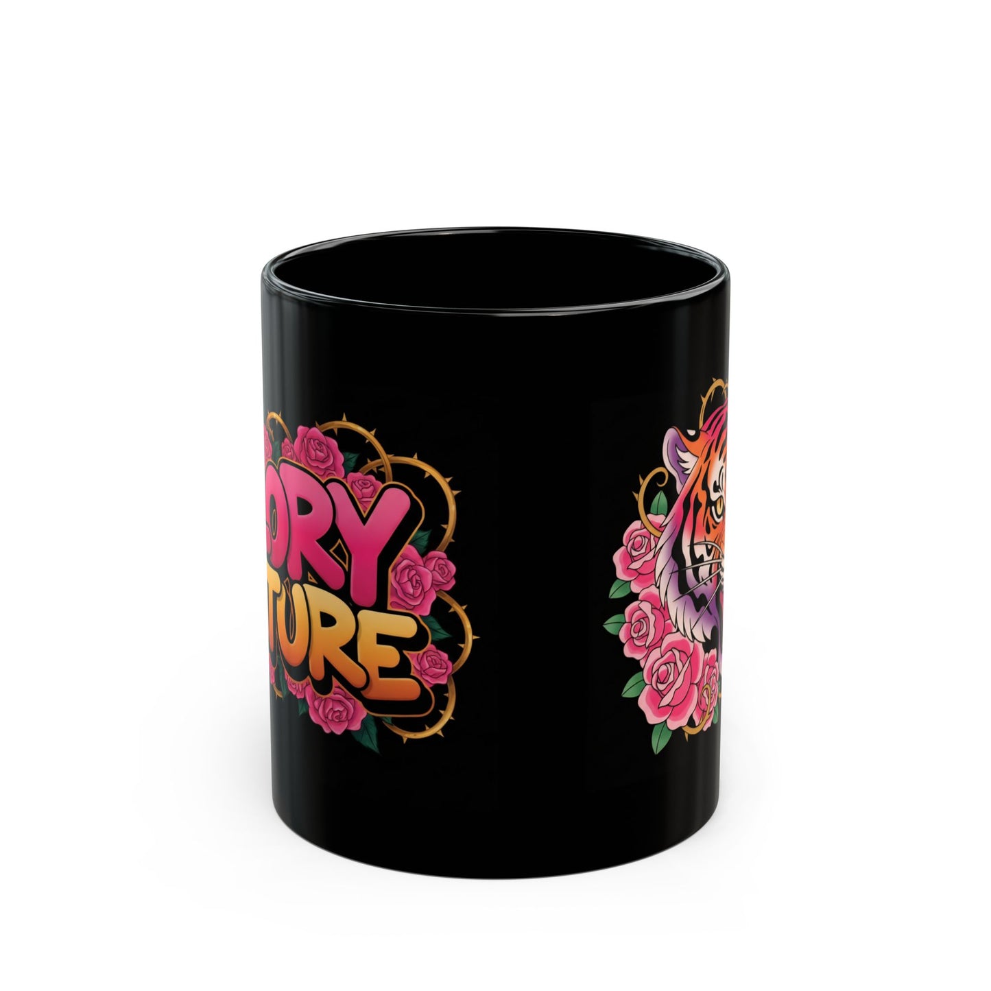 Tiger Rose Coffee Mug — Floral Tiger Head Black Ceramic Mug (11oz, 15oz)