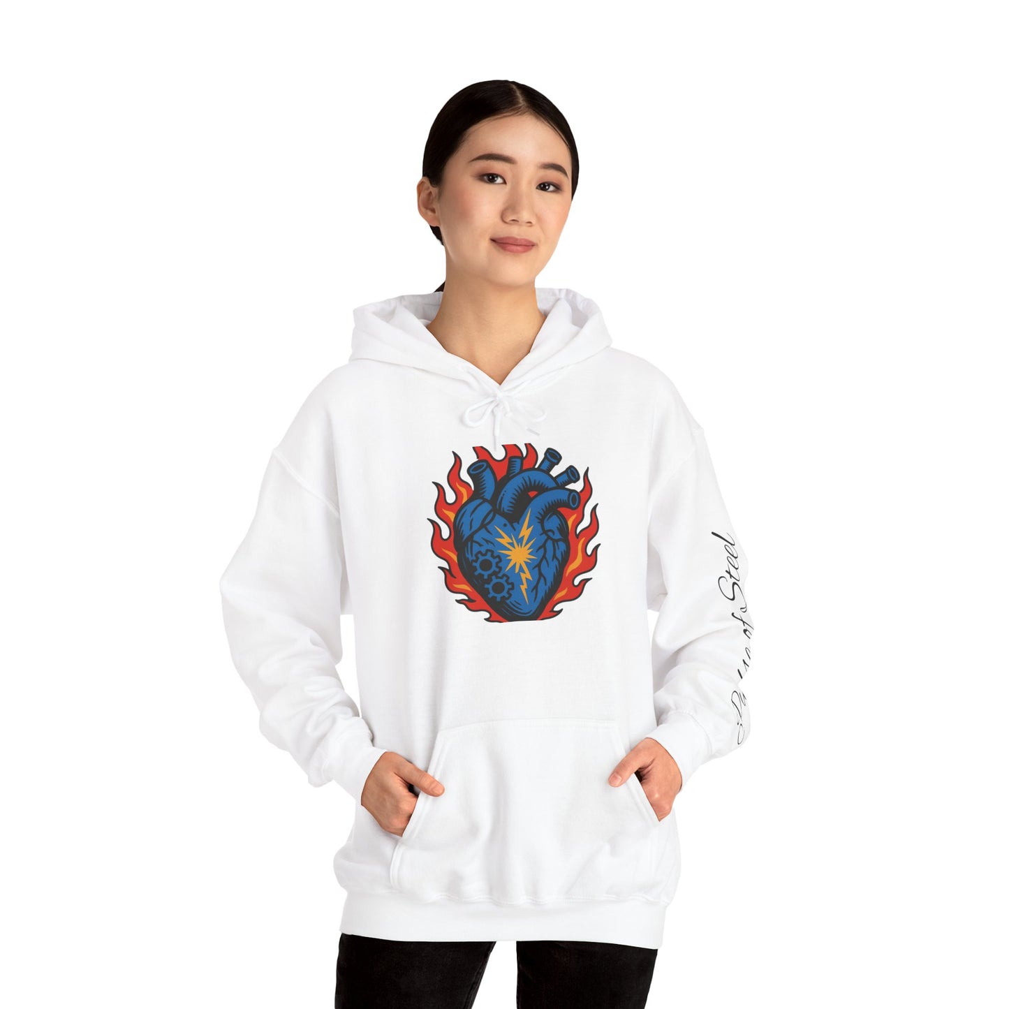 Glory Nature Hoodie — Vintage Script Back with Flaming Heart Graphic (Pulse of Steel)