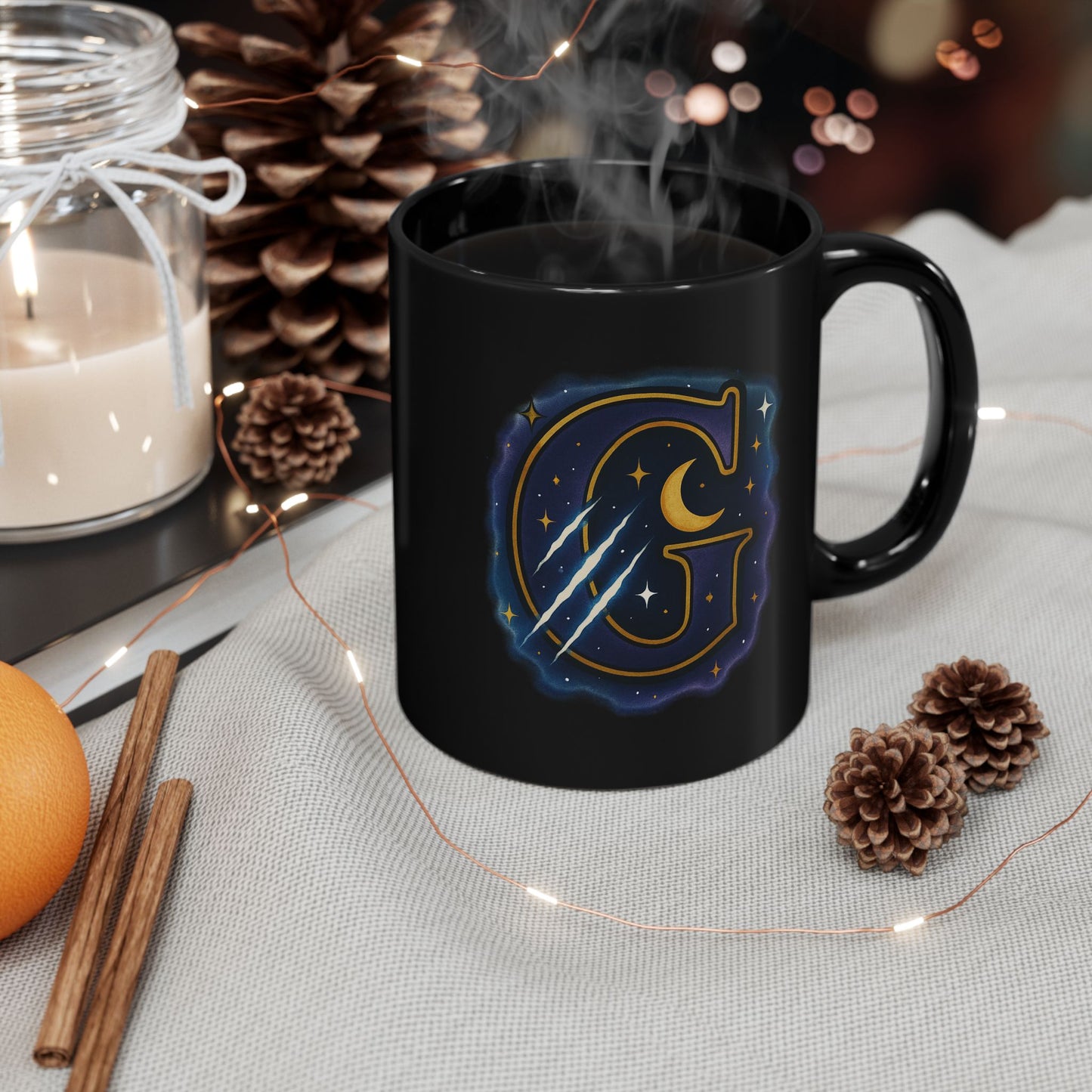 Celestial 'G' Monogram Black Mug — Starry Moon Initial Coffee Cup