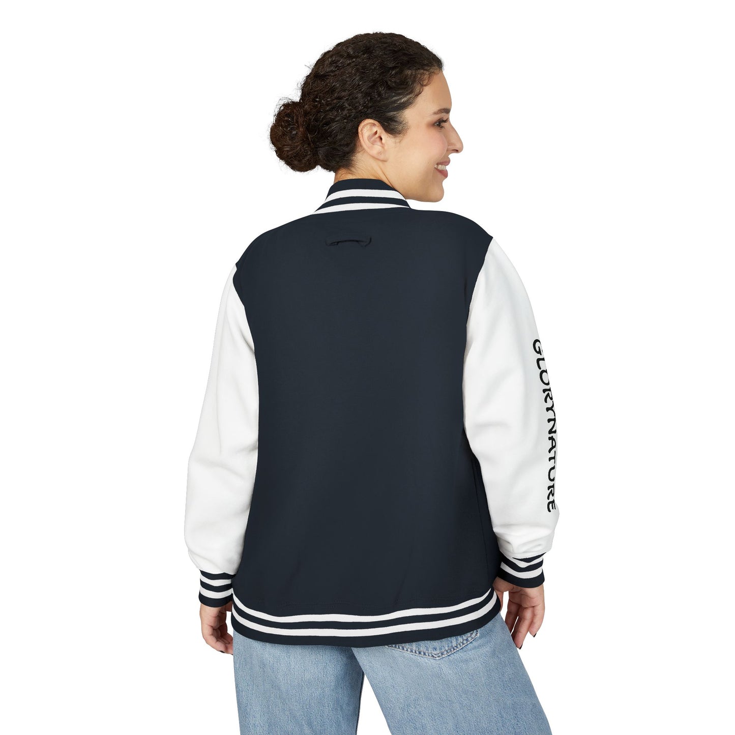 Letterman Jacket – Black & White Mountain Logo Varsity Jacket with 'GLORYNATURE' Sleeve