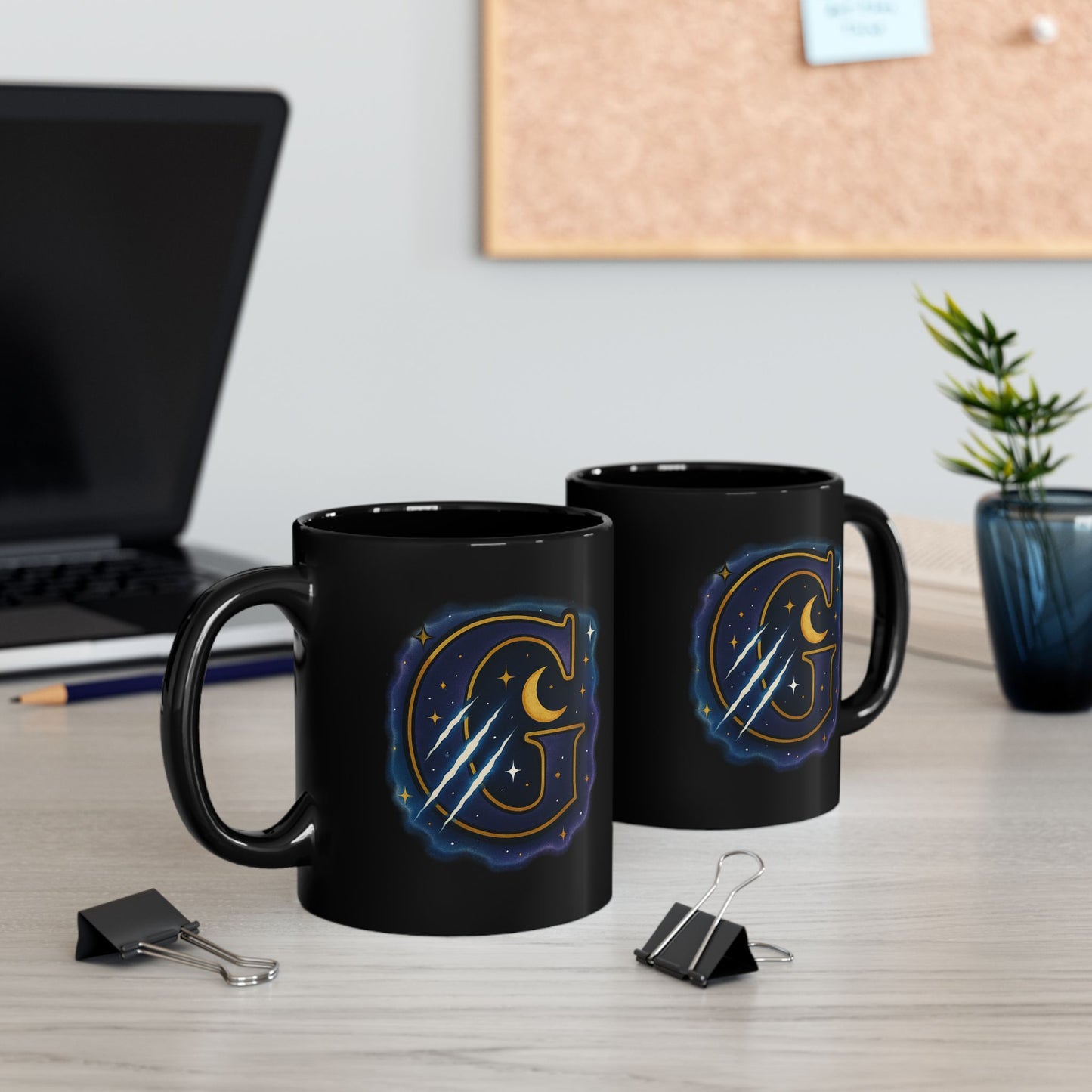 Celestial 'G' Monogram Black Mug — Starry Moon Initial Coffee Cup