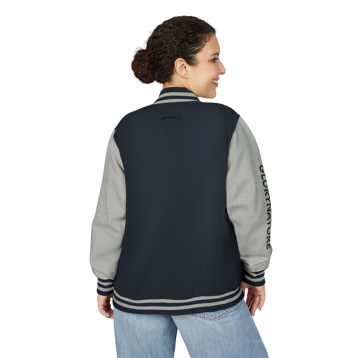 Letterman Jacket – Black & White Mountain Logo Varsity Jacket with 'GLORYNATURE' Sleeve