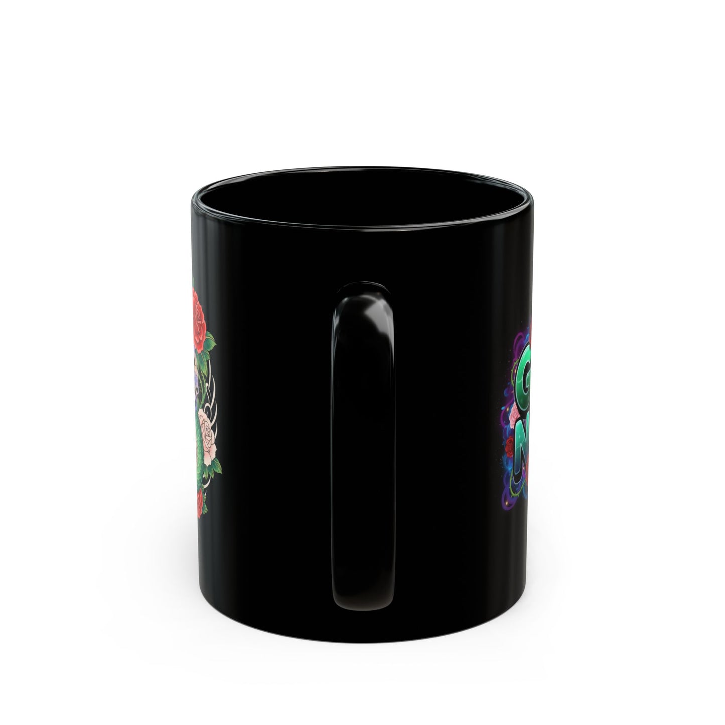 Green Snake Floral Black Mug — 11oz/15oz Ceramic Coffee Cup