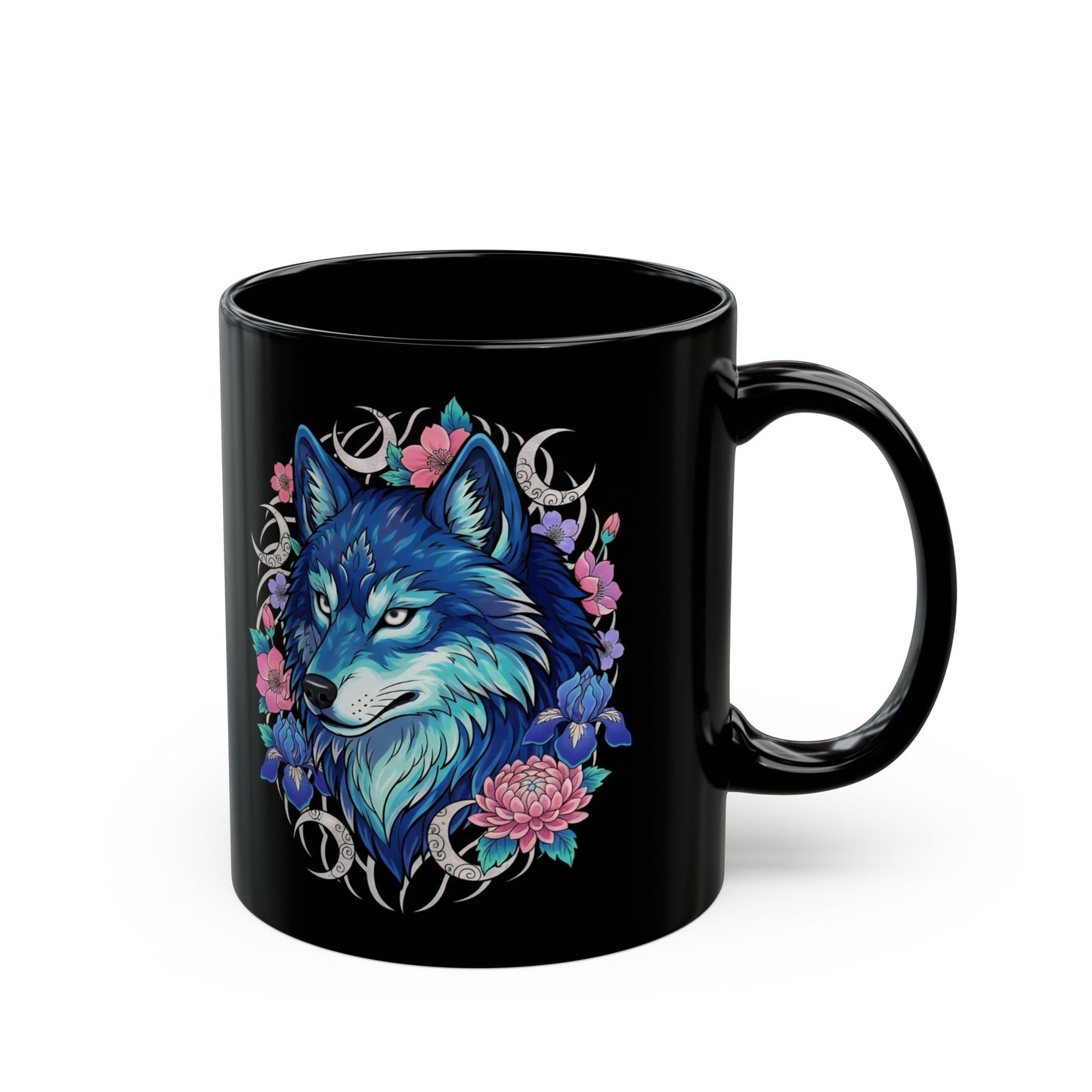 Blue Wolf Floral Mug — 'Glory & Nature' Black Coffee Cup (11oz/15oz)