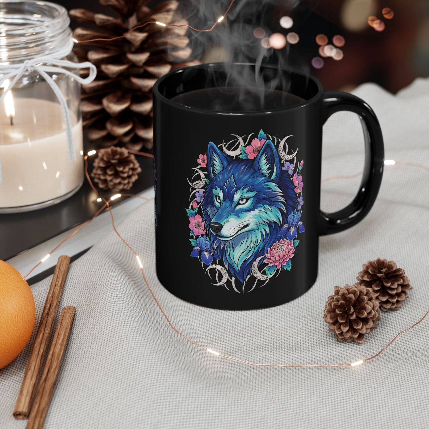 Blue Wolf Floral Mug — 'Glory & Nature' Black Coffee Cup (11oz/15oz)