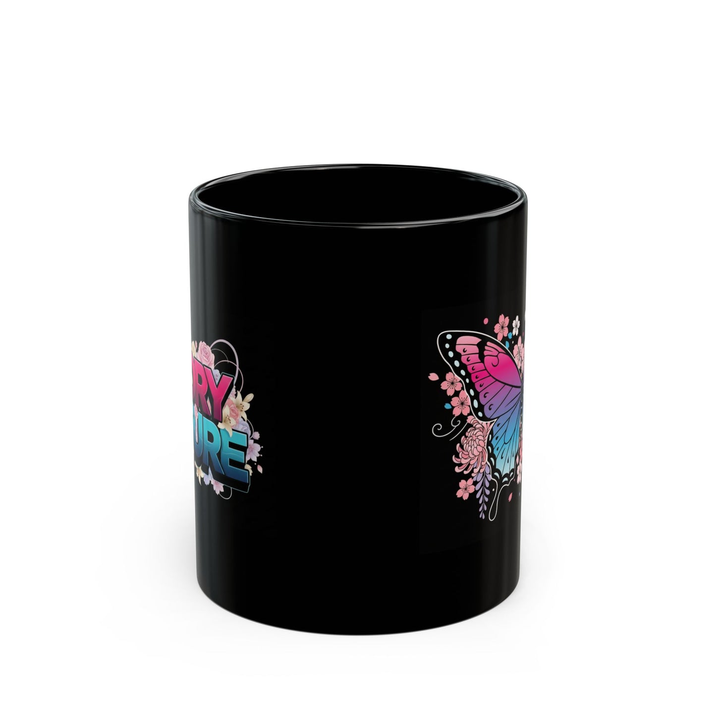 Butterfly Floral Black Mug — Gradient Pink & Blue Butterfly Coffee Cup (11oz, 15oz)