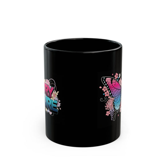 Butterfly Floral Black Mug — Gradient Pink & Blue Butterfly Coffee Cup (11oz, 15oz)