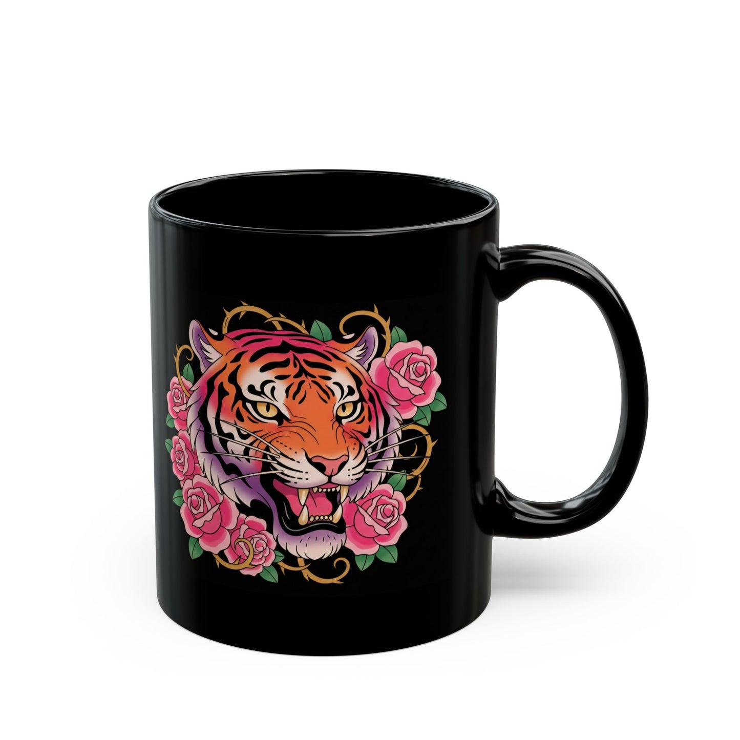 Tiger Rose Coffee Mug — Floral Tiger Head Black Ceramic Mug (11oz, 15oz)