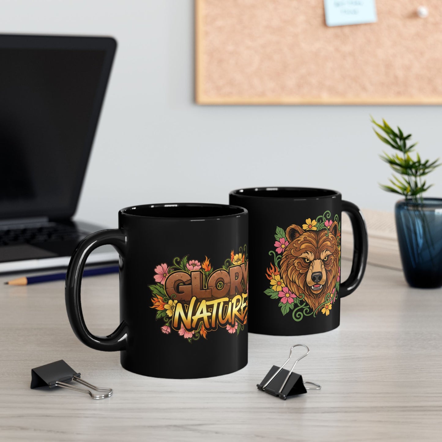 Bear Nature Coffee Mug — Floral Bear Head Black Ceramic Mug (11oz & 15oz)