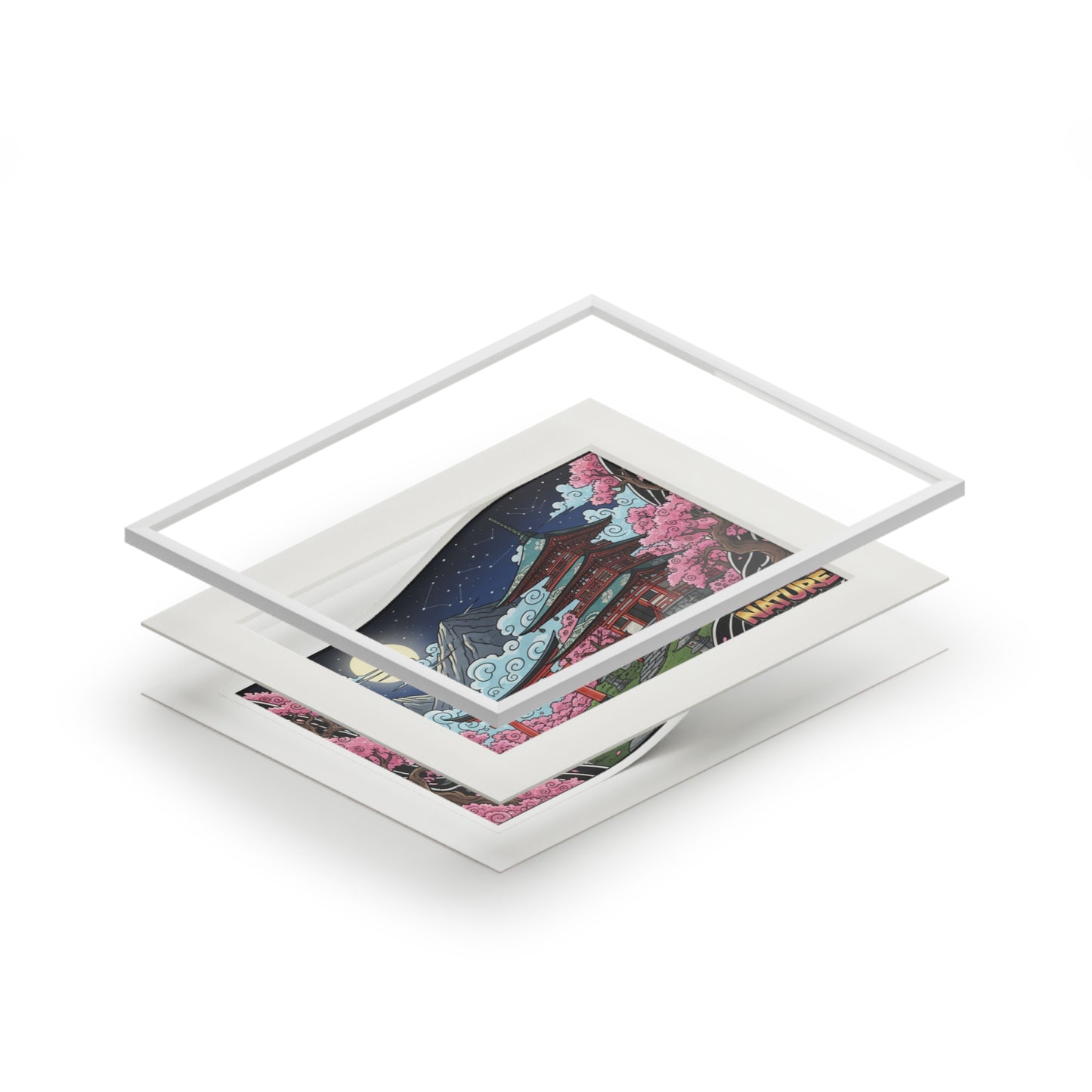 Japanese Cherry Blossom Pagoda Fine Art Print (Passepartout Frame)