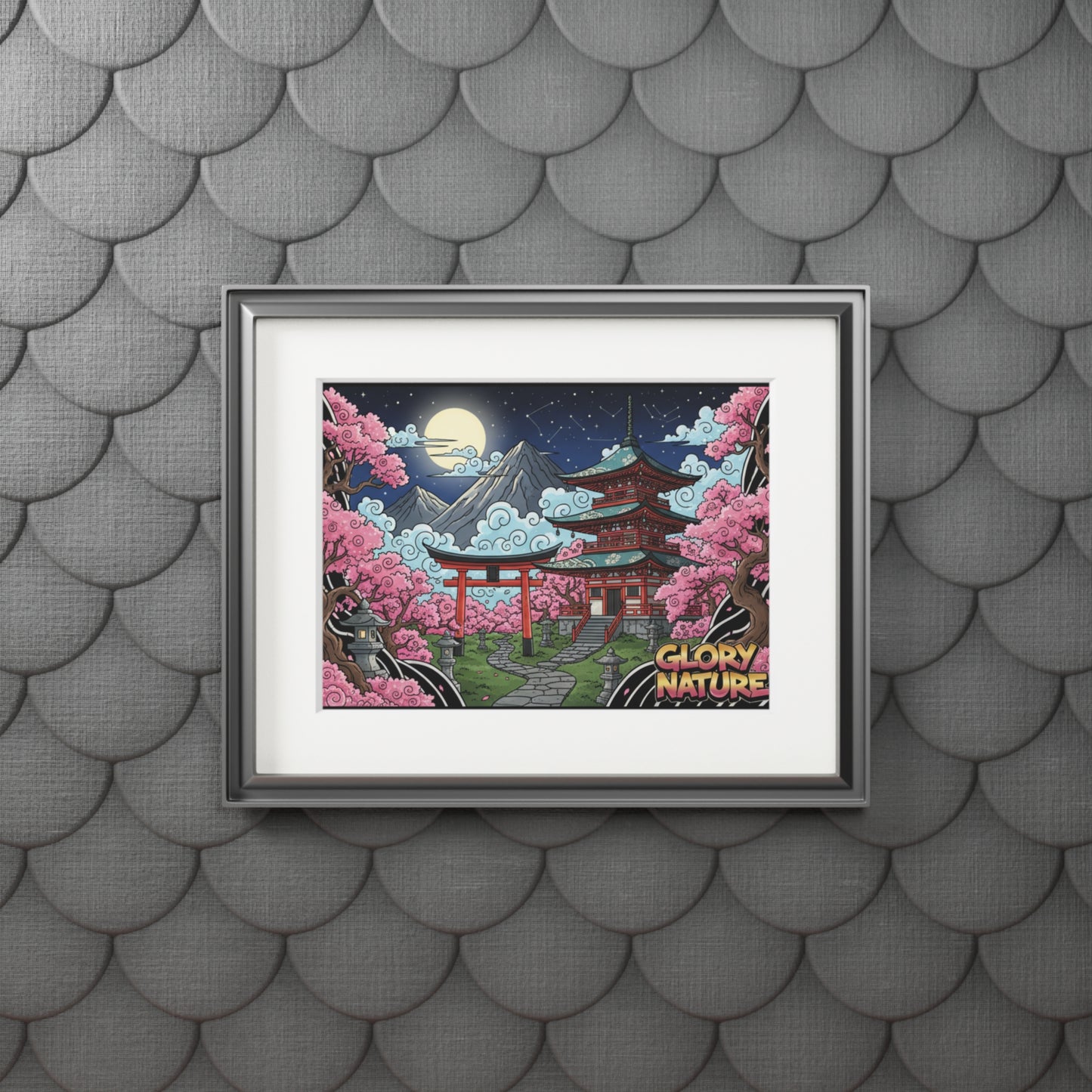 Japanese Cherry Blossom Pagoda Fine Art Print (Passepartout Frame)
