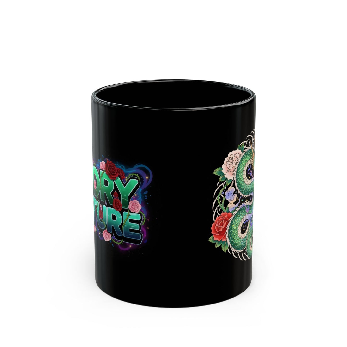 Green Snake Floral Black Mug — 11oz/15oz Ceramic Coffee Cup