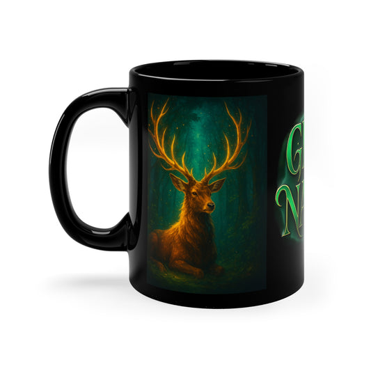 Glory Nature Coffee Mug — Green Woodland Deer 11oz Black Ceramic