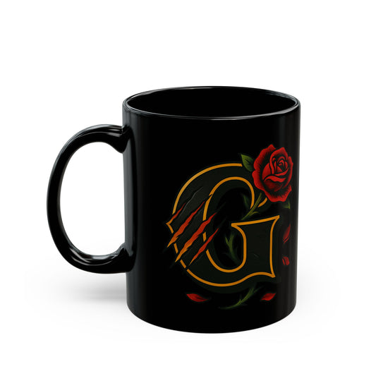 G Rose Monogram Black Mug — Elegant Floral Initial Coffee Cup (11oz & 15oz)