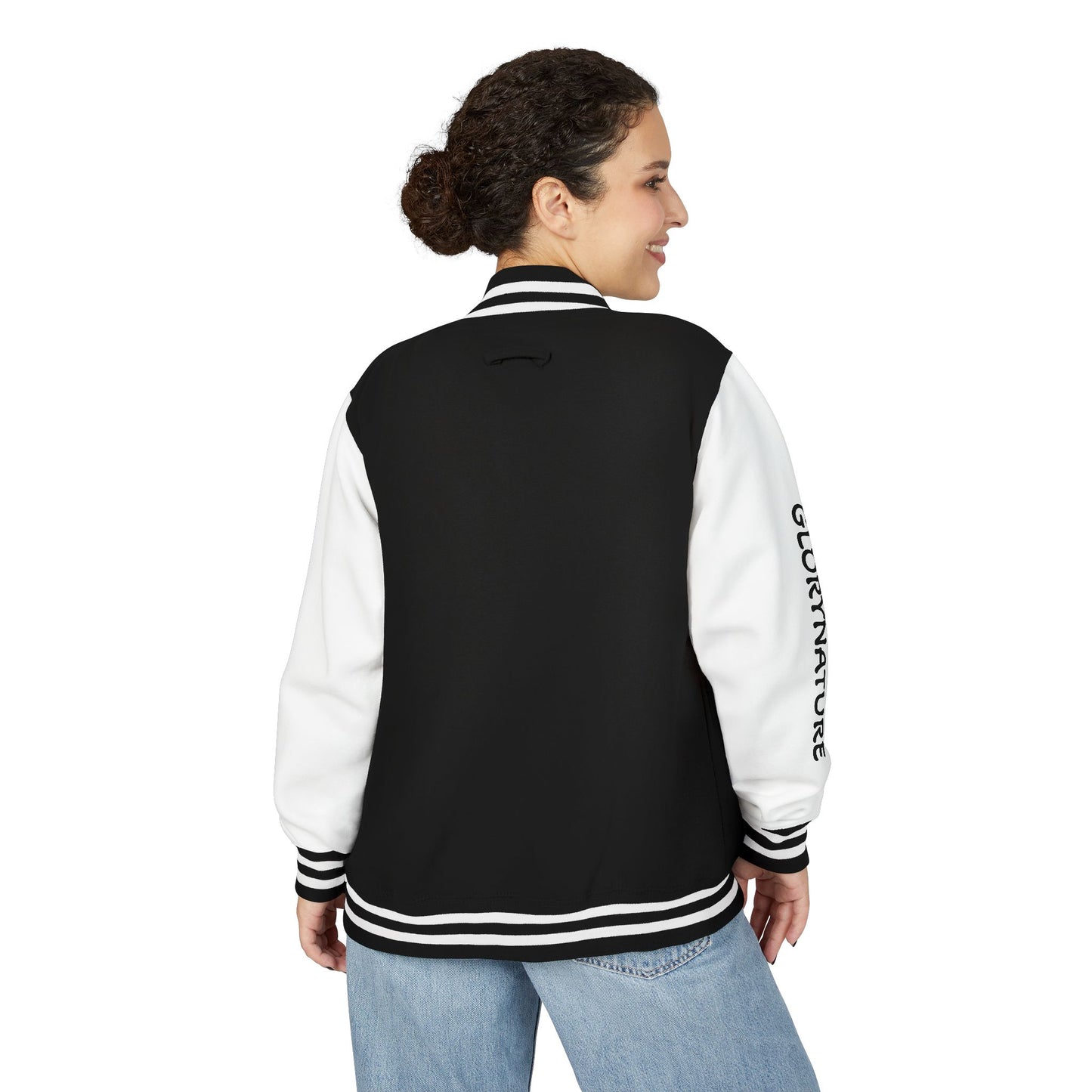 Letterman Jacket – Black & White Mountain Logo Varsity Jacket with 'GLORYNATURE' Sleeve