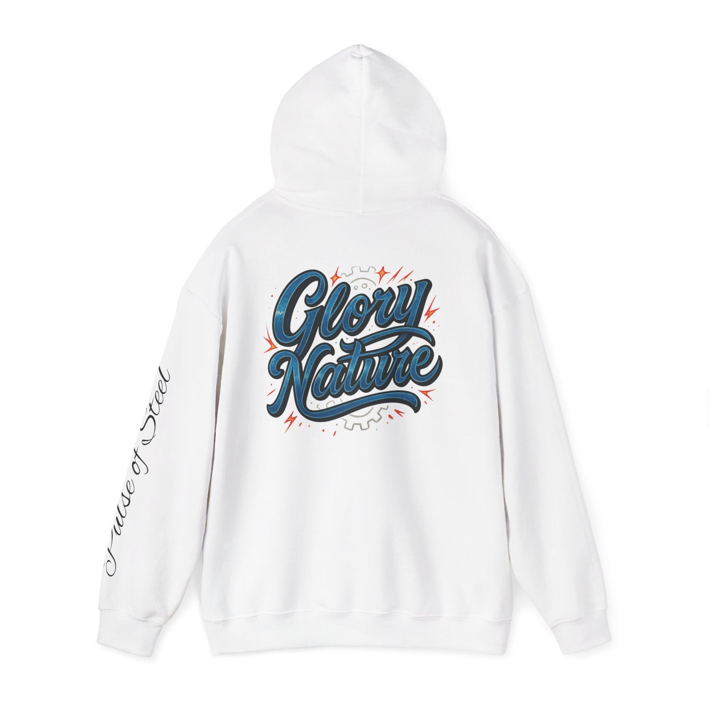 Glory Nature Hoodie — Vintage Script Back with Flaming Heart Graphic (Pulse of Steel)