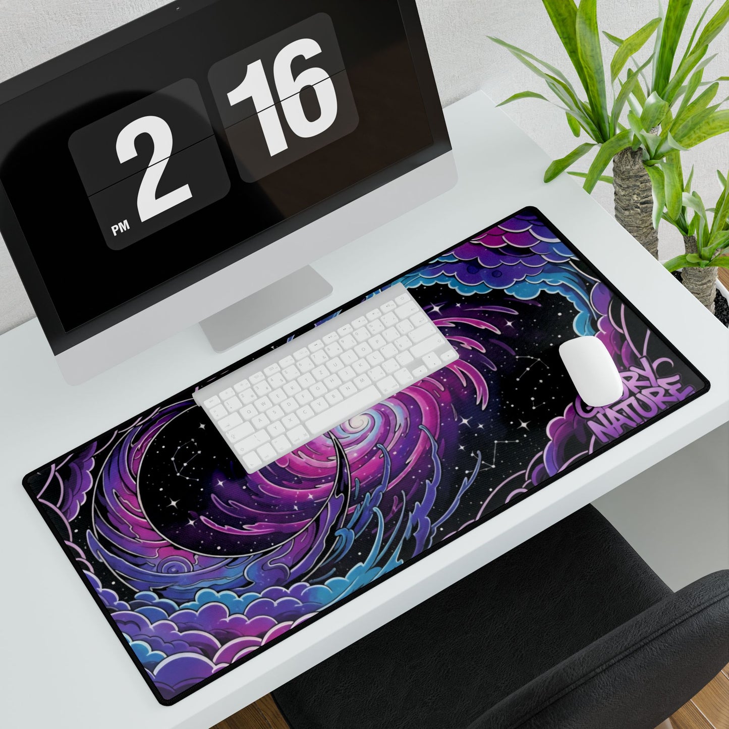 Galaxy Swirl Desk Mat — Purple Cosmic Mousepad with 'Glory Nature' Artwork