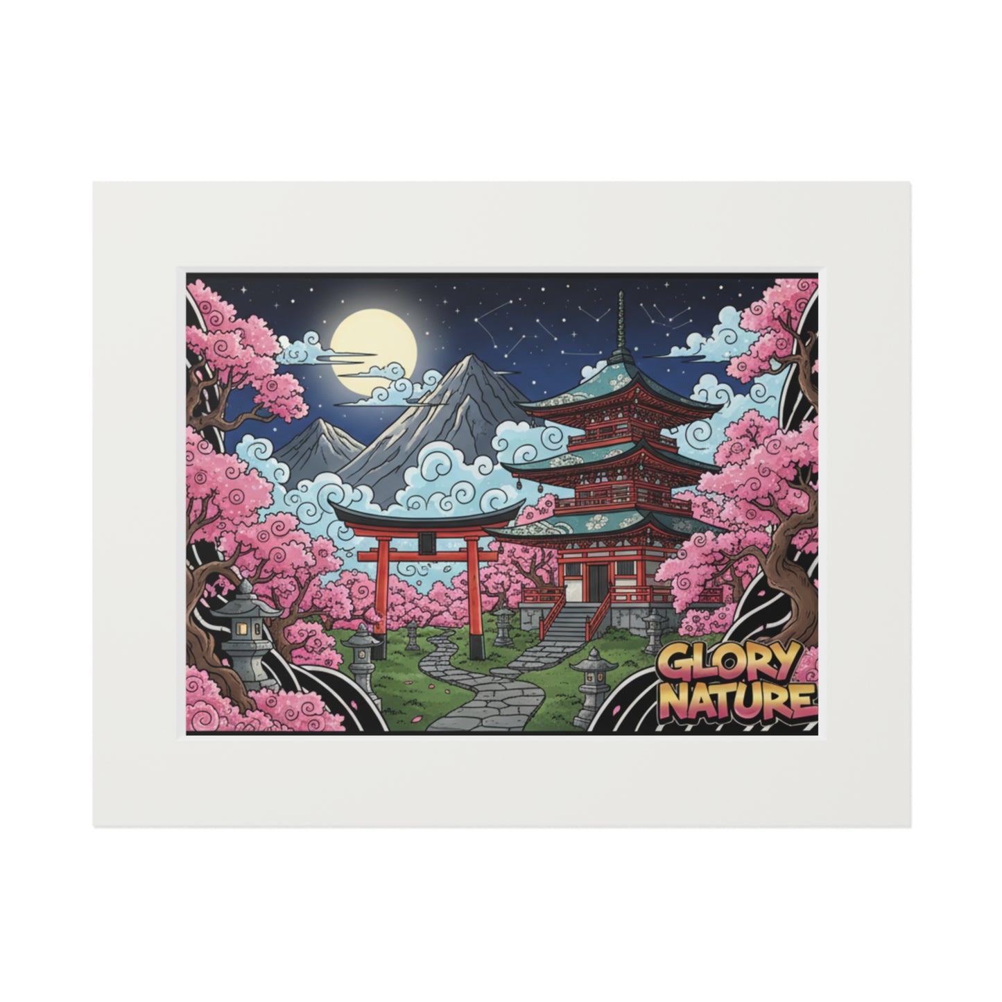 Japanese Cherry Blossom Pagoda Fine Art Print (Passepartout Frame)