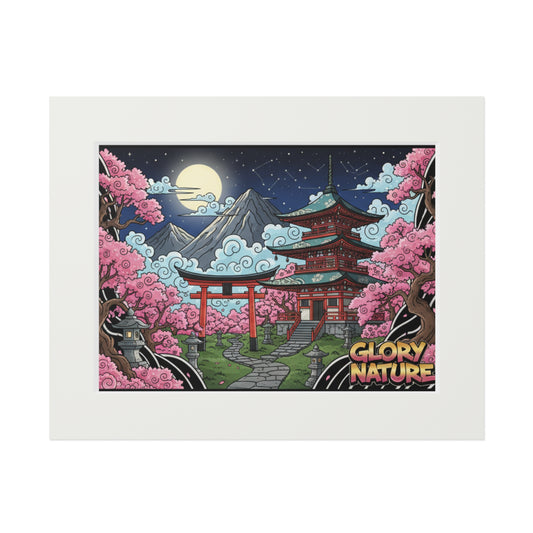 Japanese Cherry Blossom Pagoda Fine Art Print (Passepartout Frame)