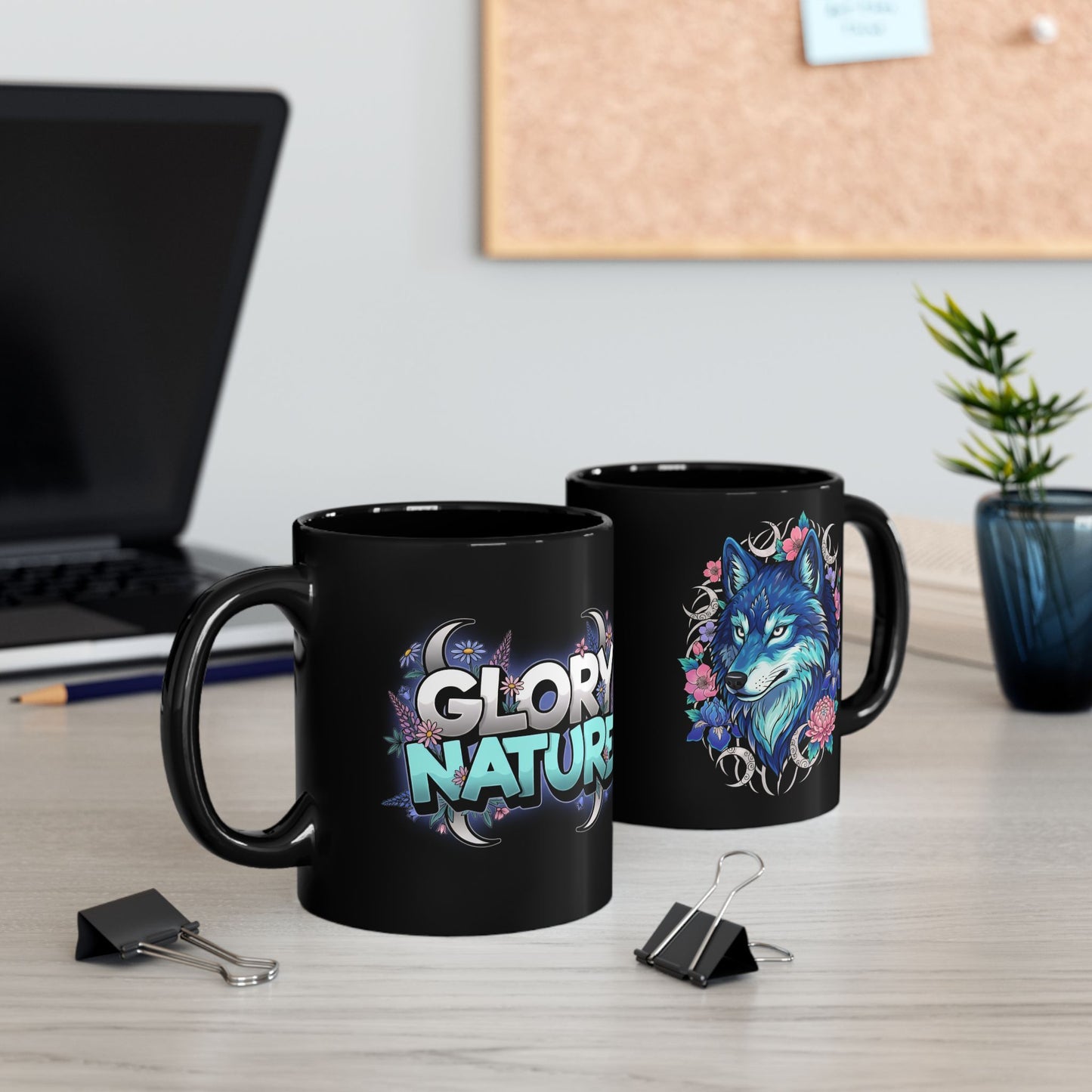 Blue Wolf Floral Mug — 'Glory & Nature' Black Coffee Cup (11oz/15oz)