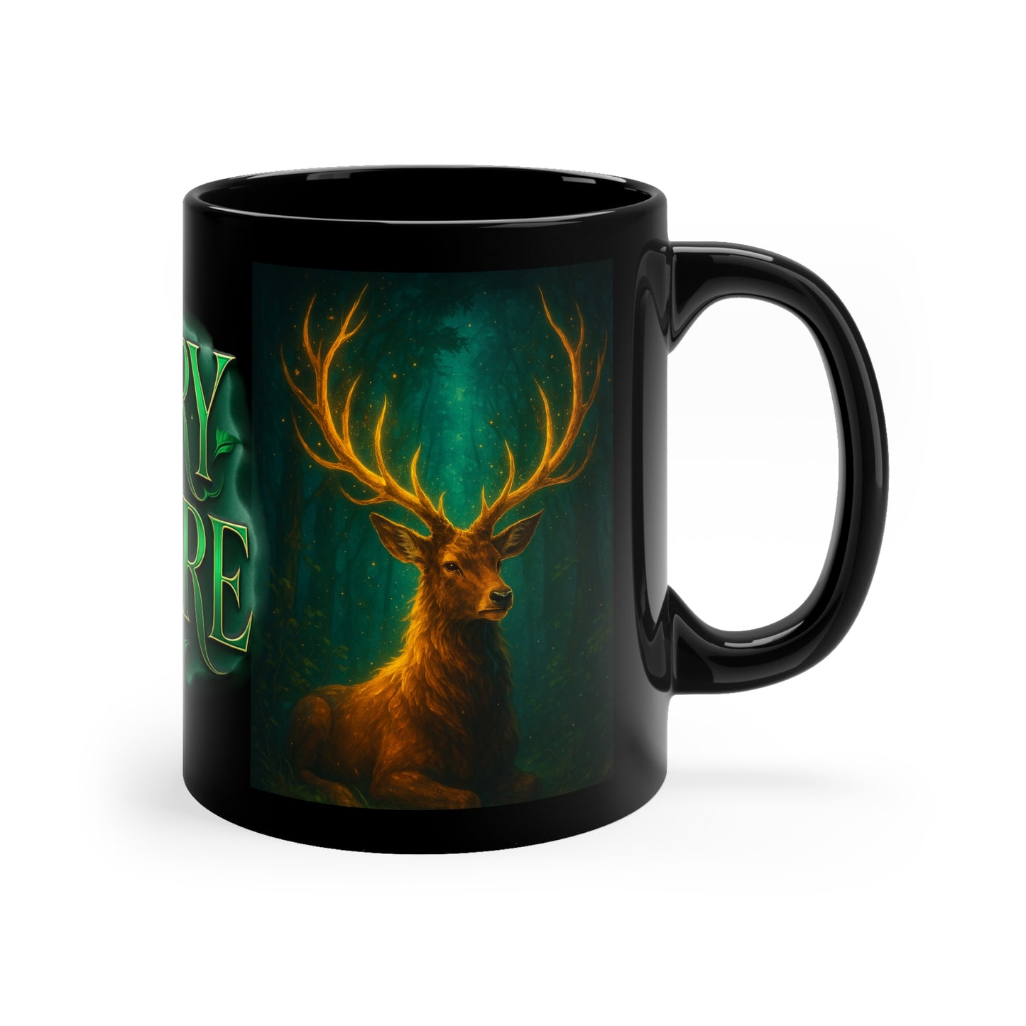 Glory Nature Coffee Mug — Green Woodland Deer 11oz Black Ceramic