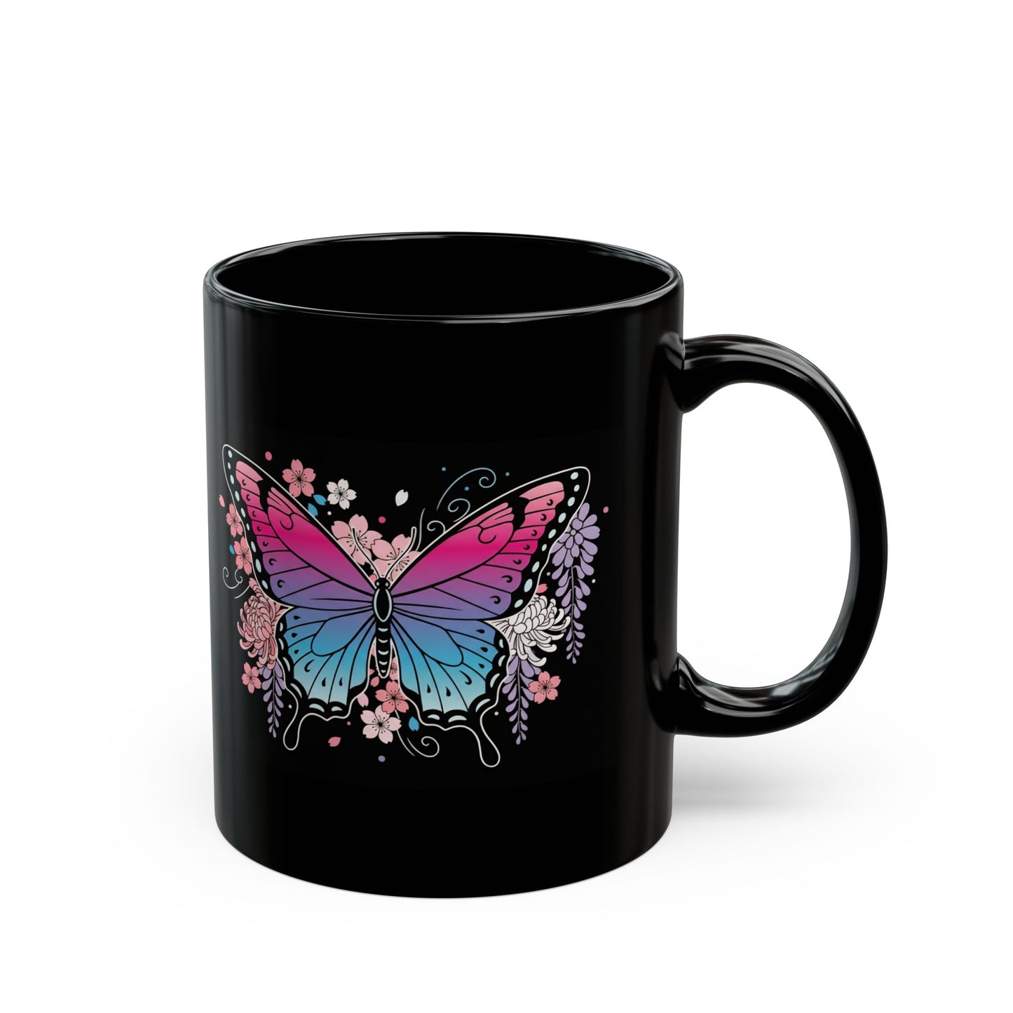 Butterfly Floral Black Mug — Gradient Pink & Blue Butterfly Coffee Cup (11oz, 15oz)