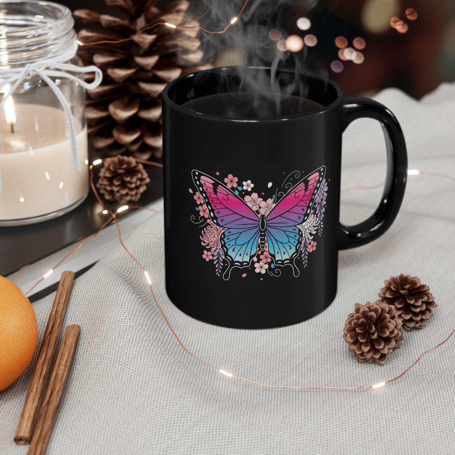 Butterfly Floral Black Mug — Gradient Pink & Blue Butterfly Coffee Cup (11oz, 15oz)