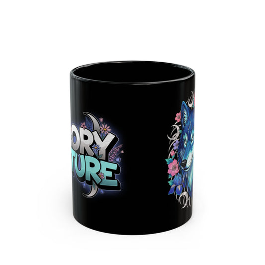 Blue Wolf Floral Mug — 'Glory & Nature' Black Coffee Cup (11oz/15oz)
