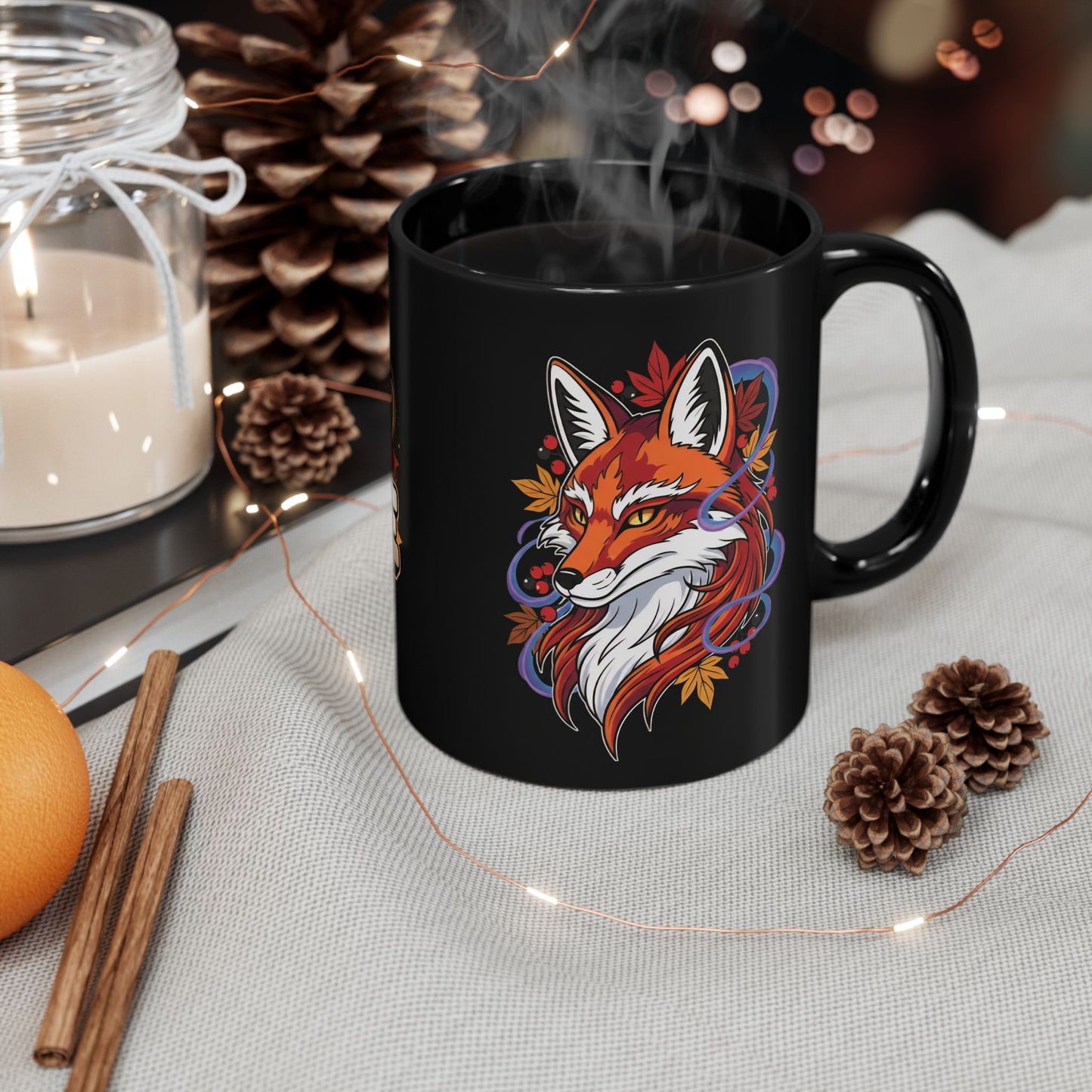 Fox Autumn Illustration Mug — 'Fox' Graphic Black Coffee Mug (11oz & 15oz)