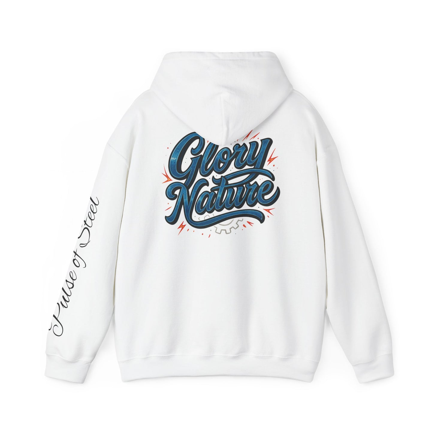 Glory Nature Hoodie — Vintage Script Back with Flaming Heart Graphic (Pulse of Steel)